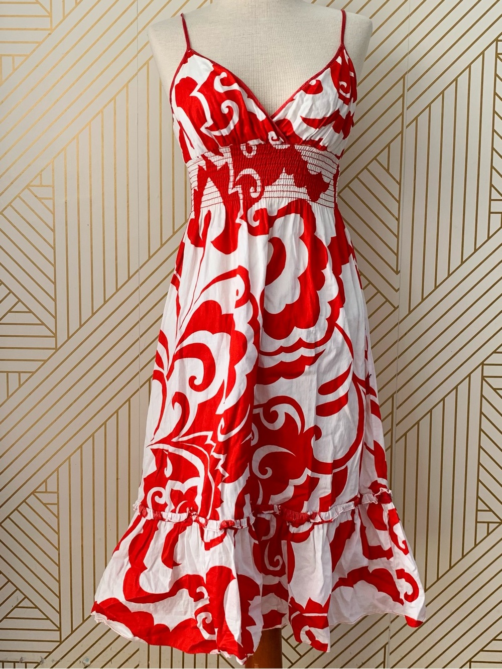 Bebe 100% cotton floral midi dress smocked waist spaghetti strap Y2K 90s 2000s